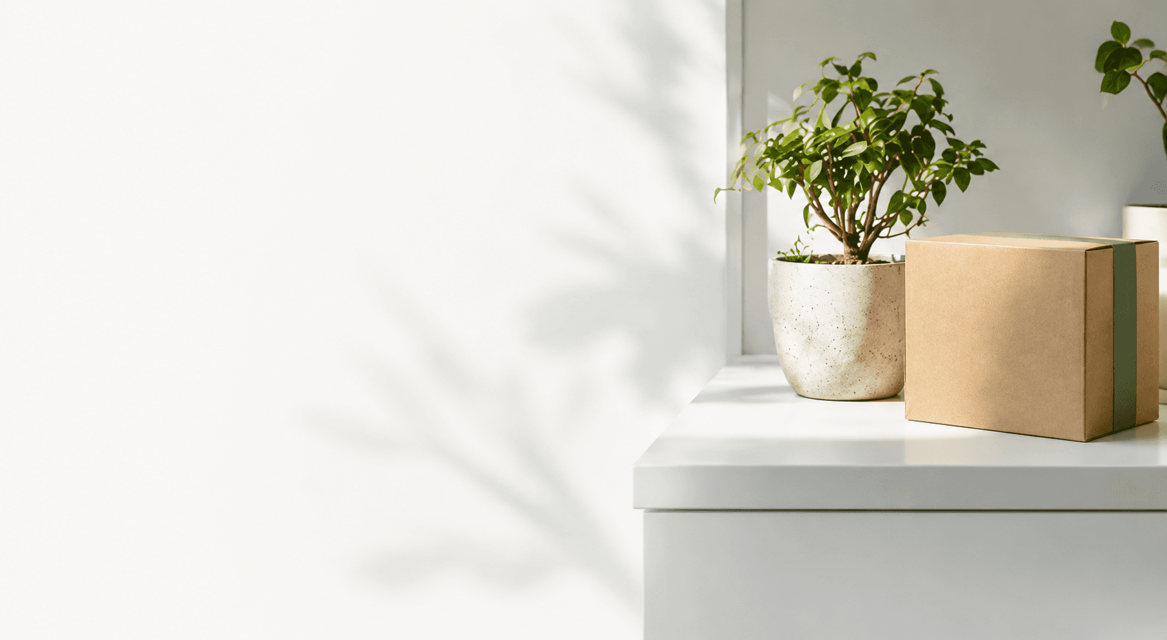Eco delivery package and plant on a clean support desk