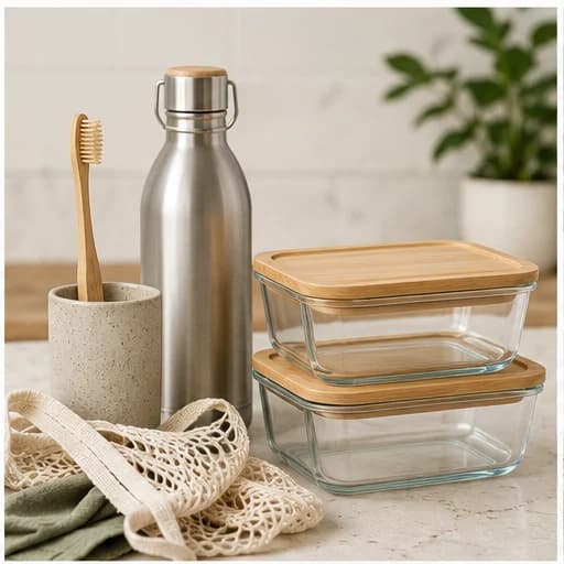 Reusable bottle, bamboo toothbrush and glass containers