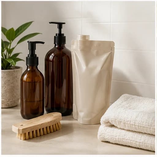 Refill pouches and reusable amber bottles
