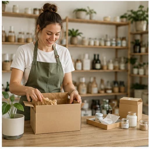 Verified seller packing an order in a warm retail workspace