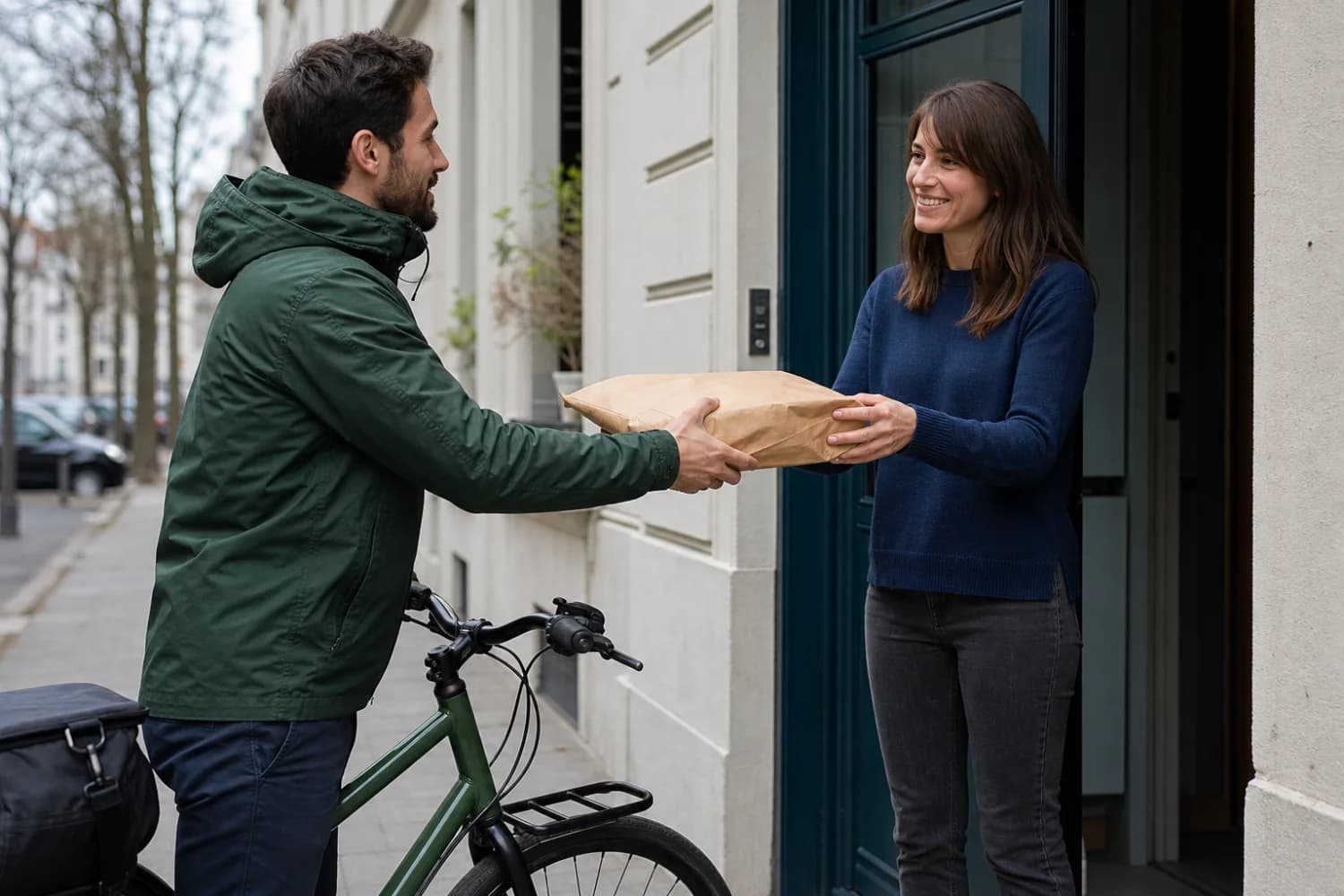 A bicycle courier handing a parcel to a customer