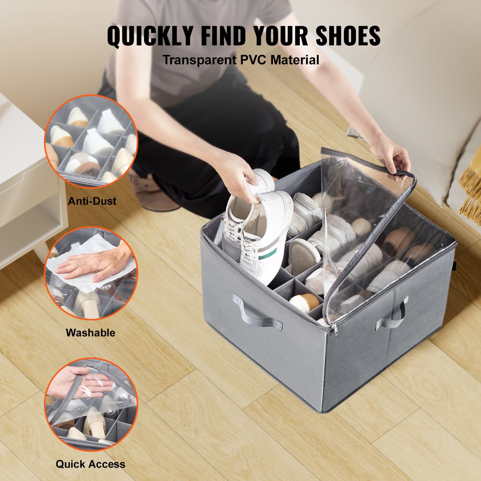 Vevor Sturdy Under Bed Shoe Storage Organizer, Adjustable Dividers Fit 16 Compartments, Shoe Storage Organizer For Closet Organization With Clear Cove