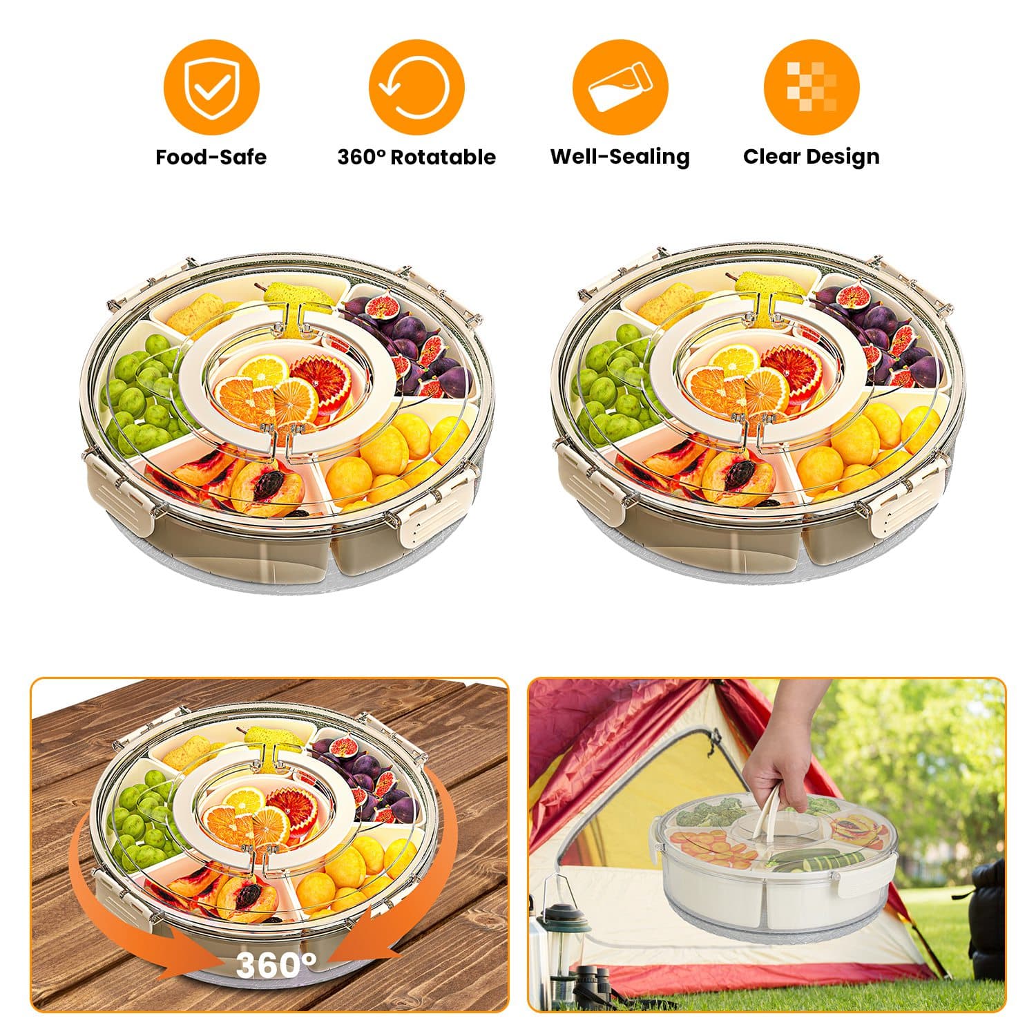 2Pcs Divided Serving Tray With Lid And Handle 360 Degree Rotatable Snack Box Container With 6 Dividers Clear Portable Snack Platters For Fruit Candy N