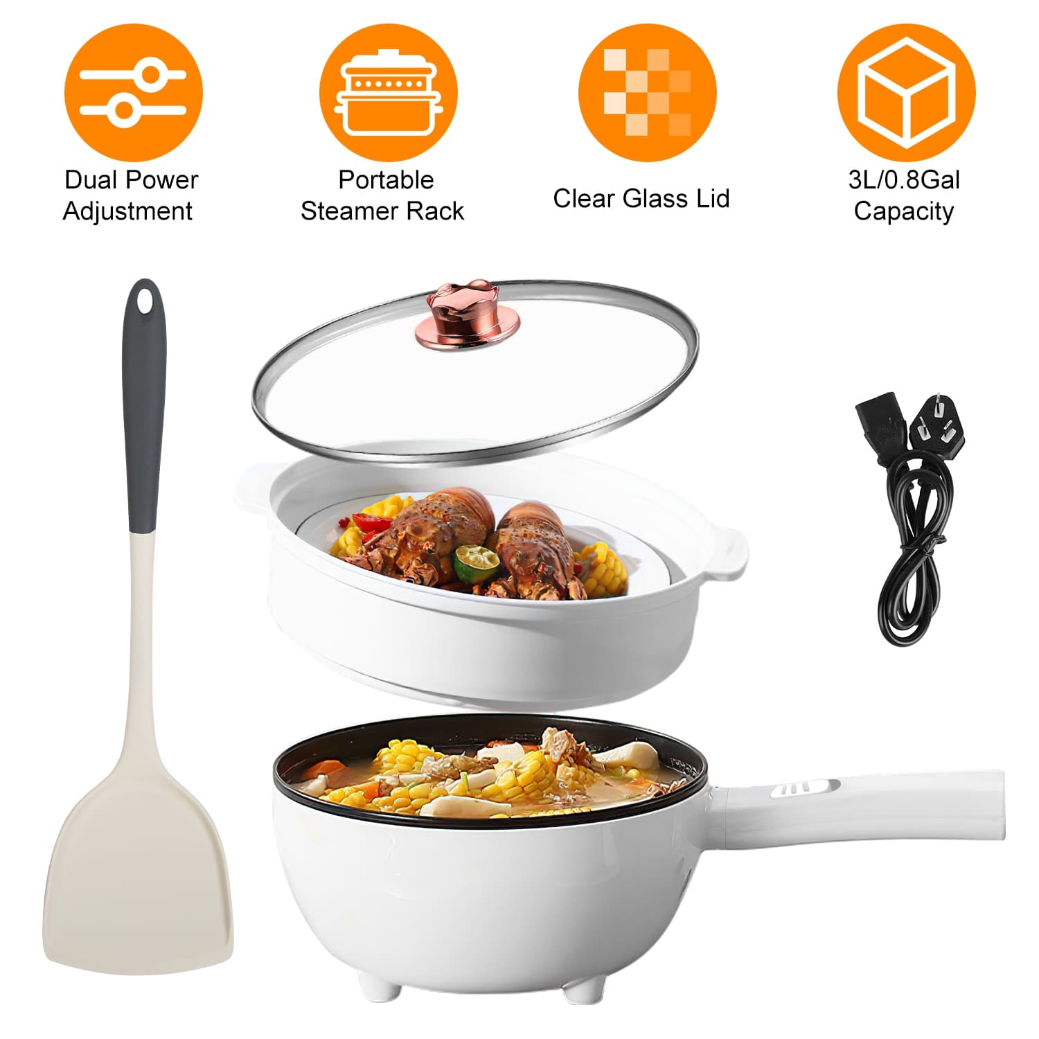 Electric Hot Pot Non-Stick Frying Pan Portable Rapid Noodles Cooker With Long Handle Steamer Spatula Dual Power Control Overheat Dry-Boil Protection F