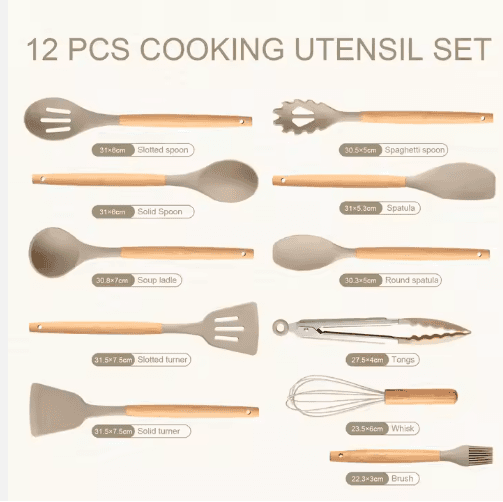 Non-Stick Silicon 12 Pcs Heat Resistant Wooden Handle Kitchen Cooking Utensils Set, Khaki Color