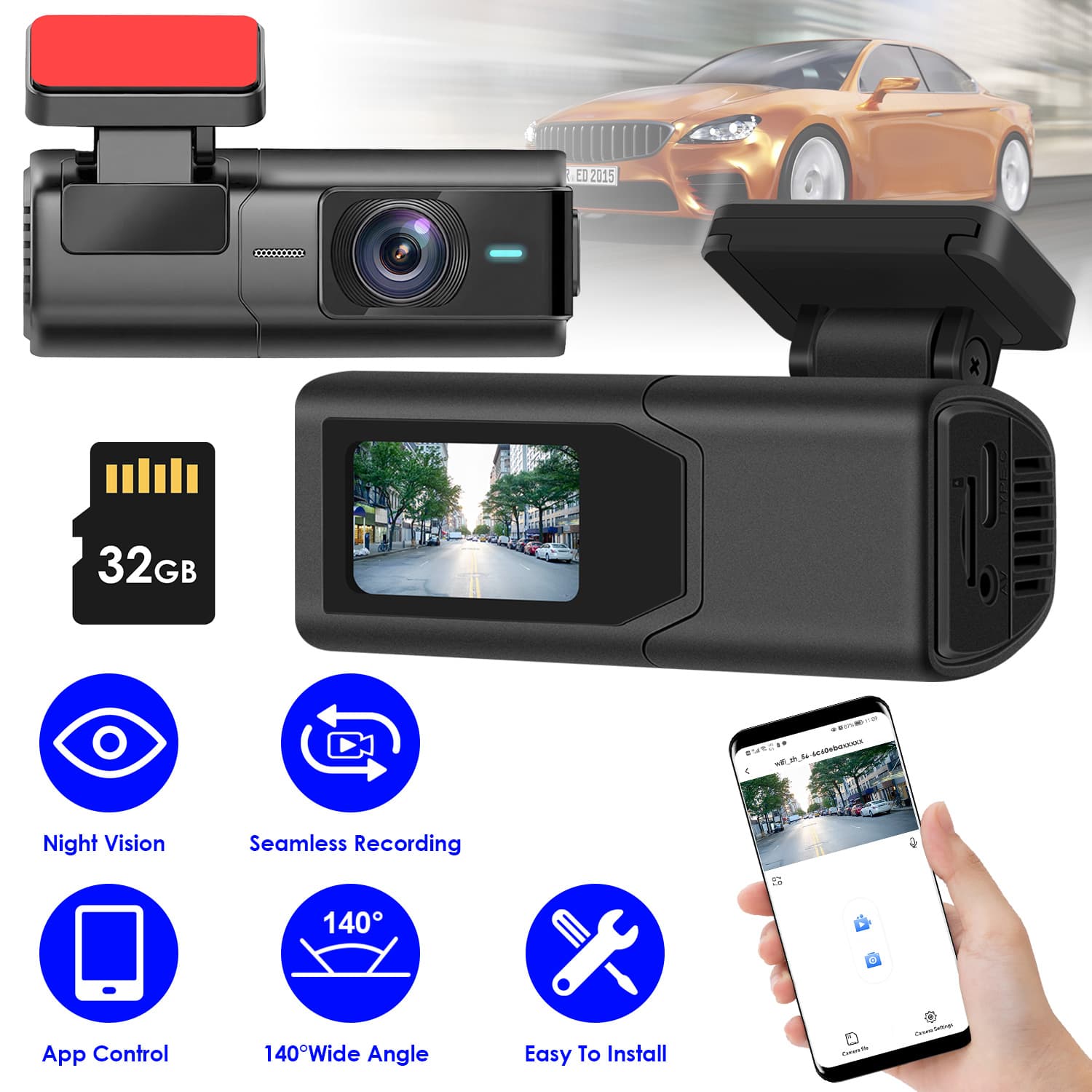1Pc 2K HD Front Dash Cam For Car With IPS Screen Night Vision Loop Recording Included 32G Storage Card 140 Degree Wide Angle WiFi App Control Front Da