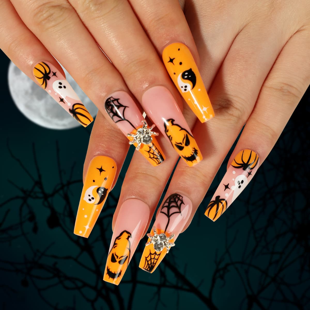 24 PCS Press On False Nails Short Medium Length Full Cover Acrylic Fake Nails Almond Shaped Ballerina Nails Cute Pumpkin Bat Ghost Spider Reusable Nai