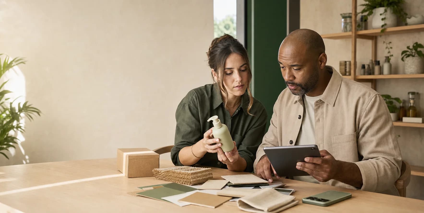 Seller and product specialist reviewing packaging and product information together