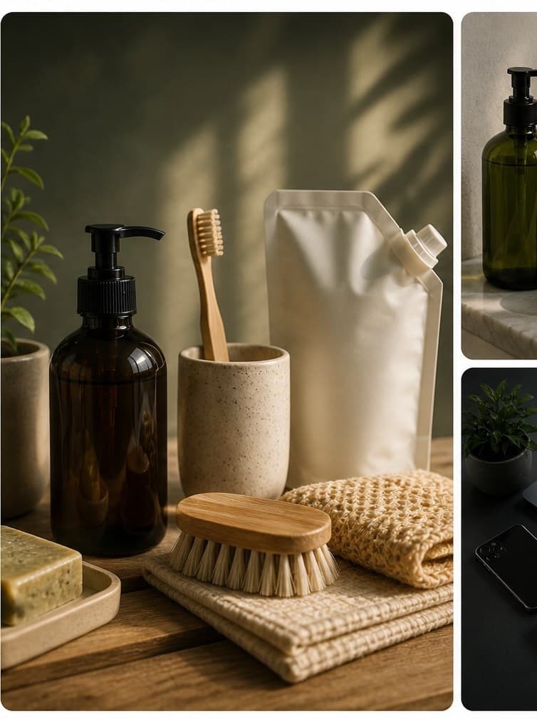 Reusable bottle, natural cleaning products, bamboo brush, cotton bag, plant and eco packaging