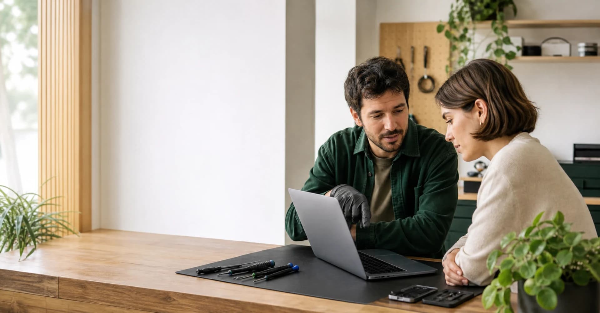 Customer reviewing a renewed laptop with a repair specialist