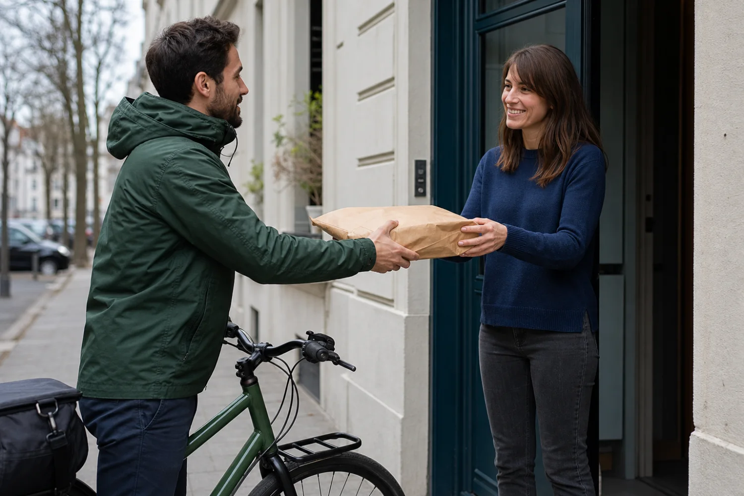 A bicycle courier handing a parcel to a customer
