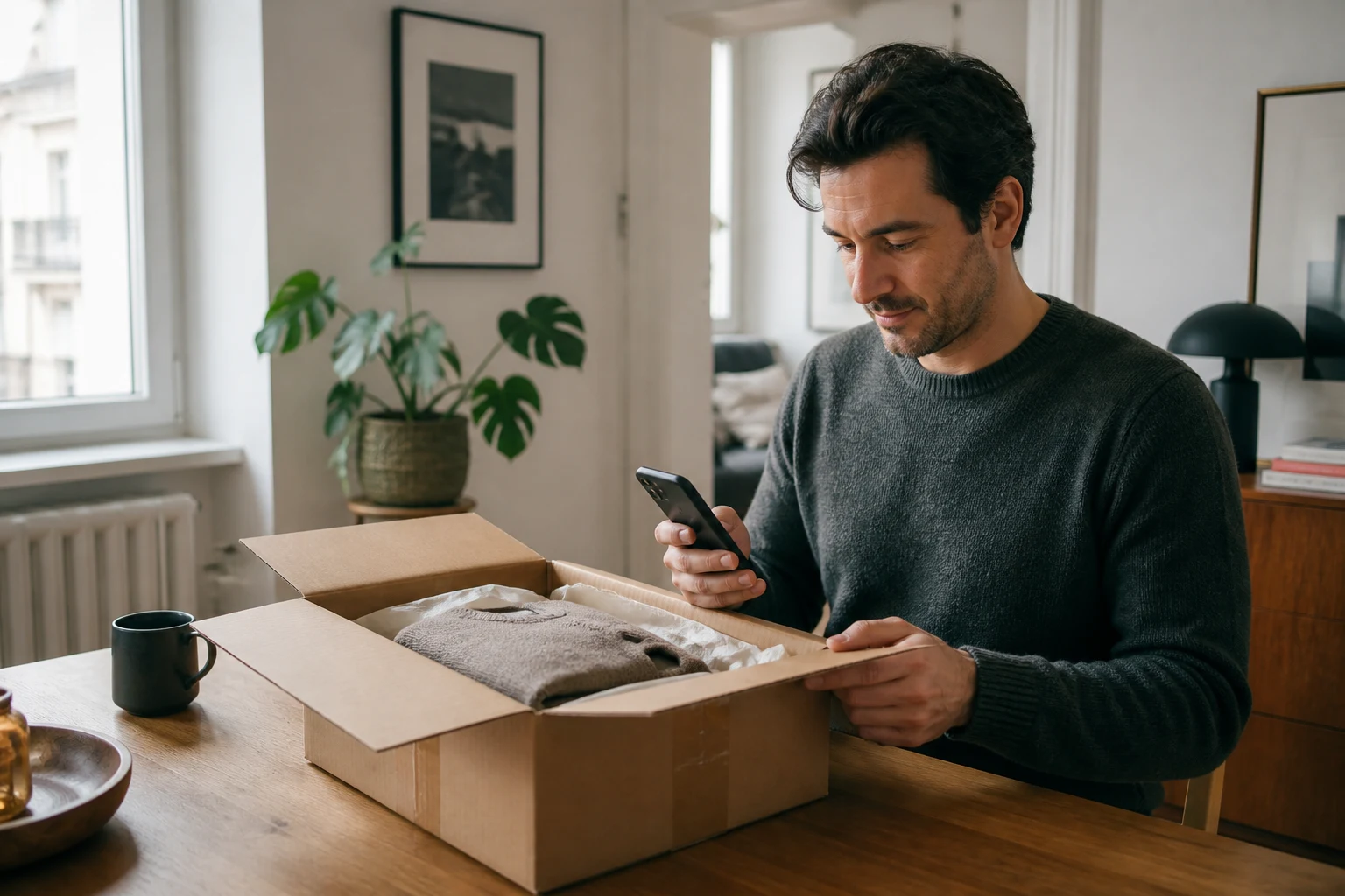 Customer checking a delivered product against an order on a phone