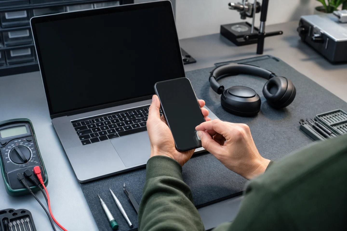 Technician documenting the condition of renewed electronics
